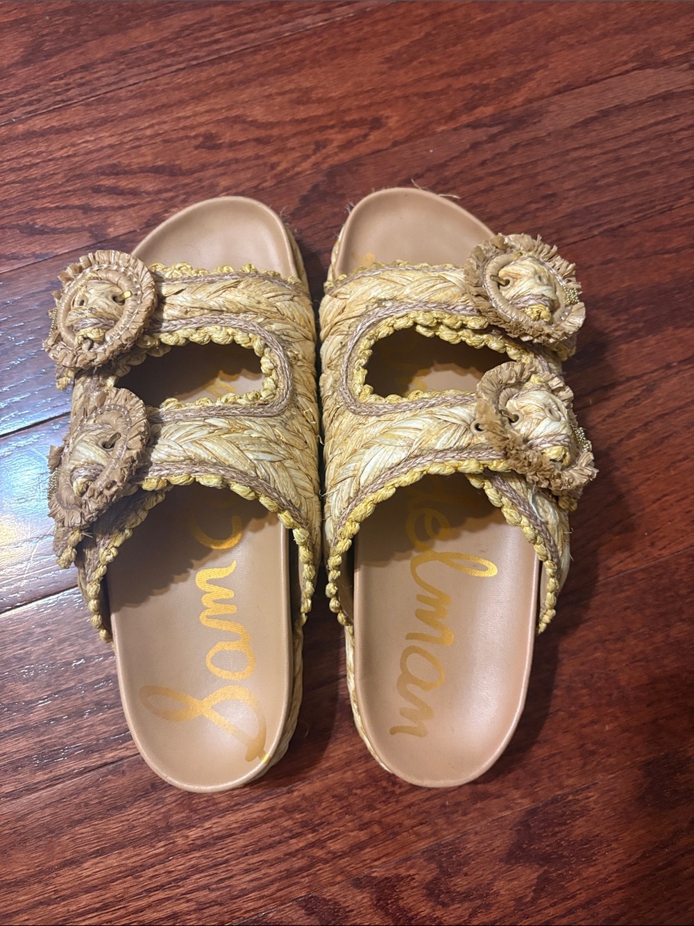 Sam Edelman Woven Raffia Double Buckle Slide Sandals – Natural/Tan